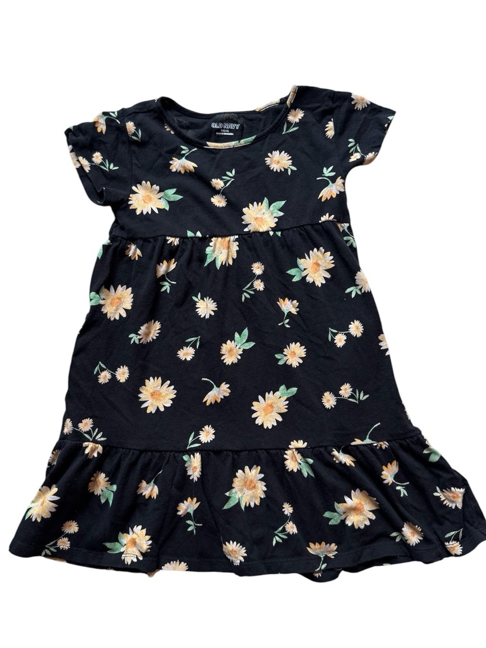 Old Navy Girls Black Floral Dress Daisy Print Tiered Knit Dress SIze Small 6/7